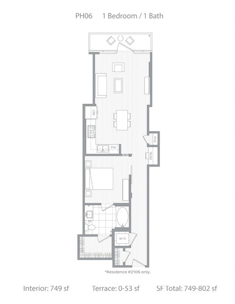 Floor plan for 1 bed, 1 bath, 749 sqft